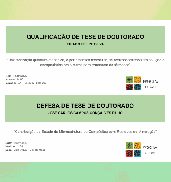 PPGCEM | As próximas Qualificações e Defesas de Doutorado acontecerão nos dias 08 e 18 de julho de 2025. Acesse e saiba mais!