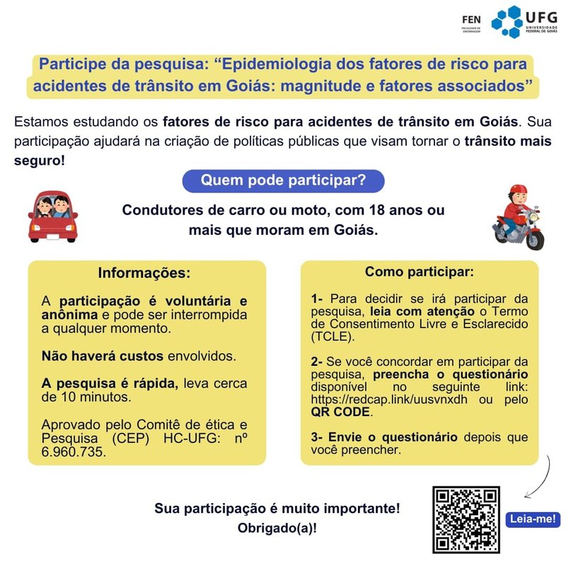 Pesquisa "Epidemiologia dos fatores de risco para acidentes de trânsito em Goiás: magnitude e fatores associados"