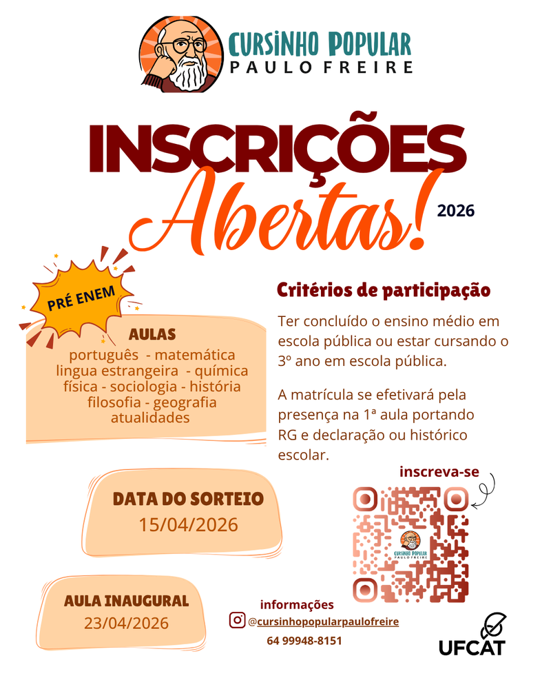 Inscrições abertas para o Cursinho Popular Pré-Enem Paulo Freire